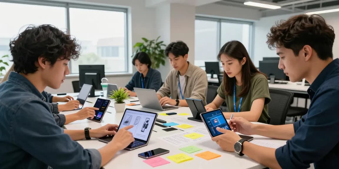 Engineers collaborating on foldable phones 2026 designs in a modern workspace.