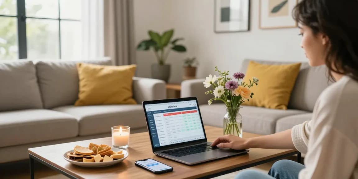 Airbnb host fees calculator displayed on laptop in welcoming living room