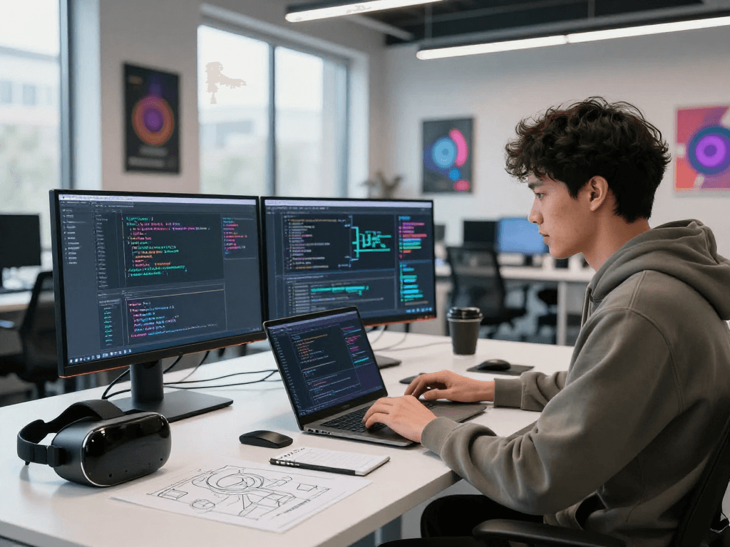 Developer coding in a tech workspace, showcasing nsfw ai creativity and innovation.