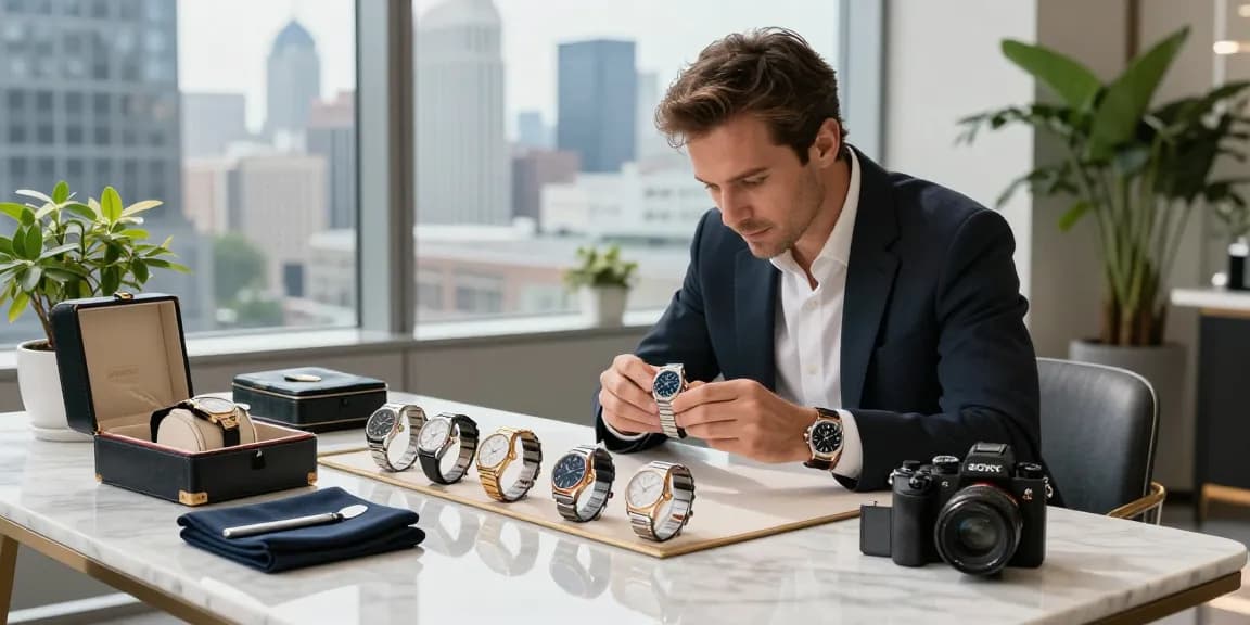 Examining luxury replica watches on a marble table in bright urban light.