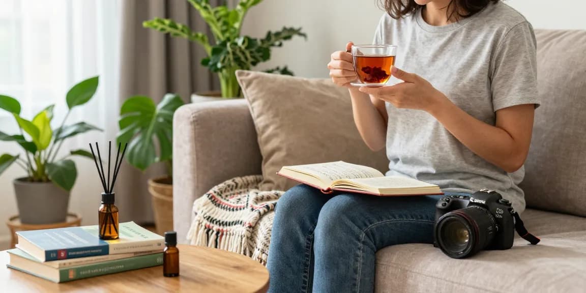 HappyGoLeafy relaxation moment with Red Bali Kratom tea in a cozy setting.