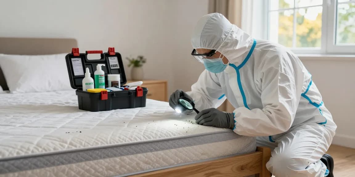 bed bug exterminator inspecting a bedroom for infestation signs using eco-friendly tools