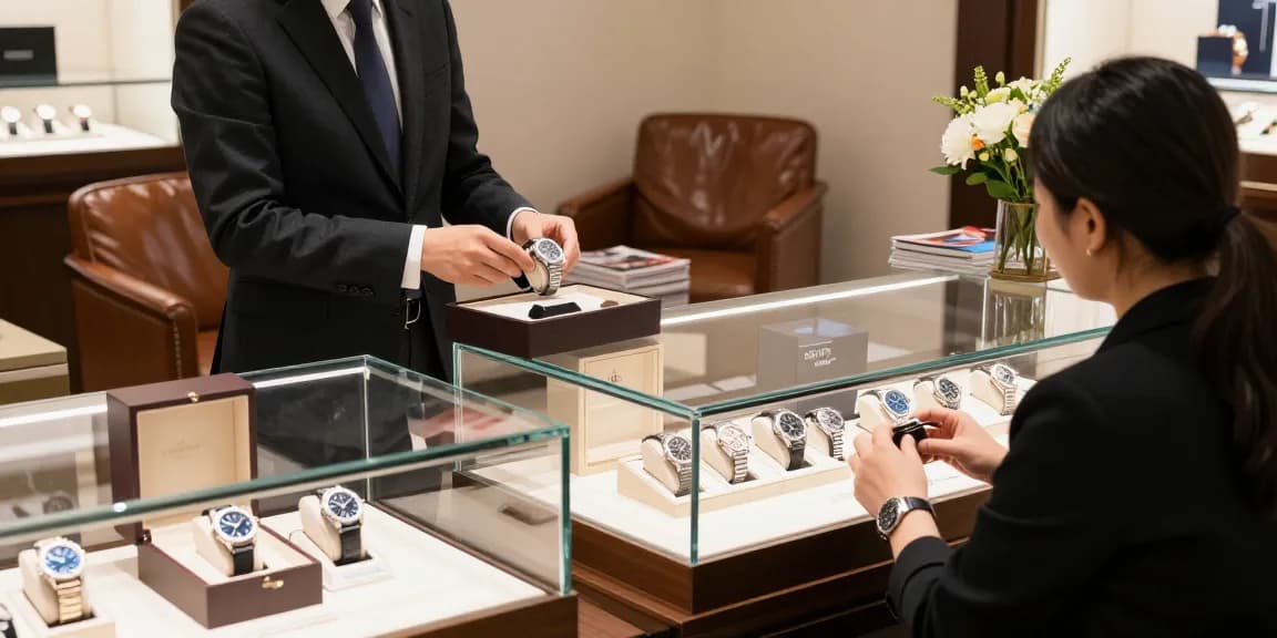 Premium selection of super clone watches in an elegant retail display with customer engagement