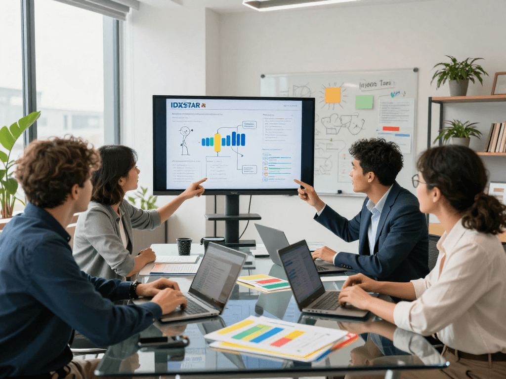 Team collaboratively analyzing IDXSTAR data in modern office setting, showcasing teamwork and strategic discussions.