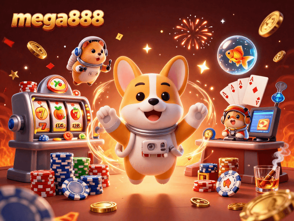 Memainkan mega888 dengan corgi angkasawan dalam kasino luar angkasa yang meriah.