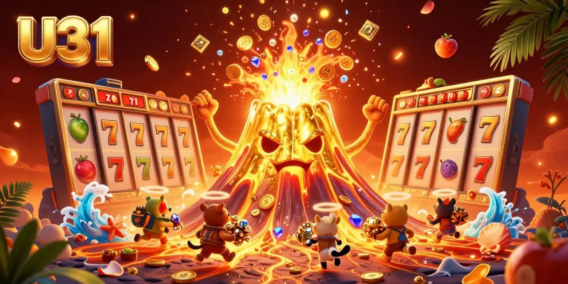 Spin to win big with U31 - a vibrant casino scene depicting a golden volcano erupting treasures!