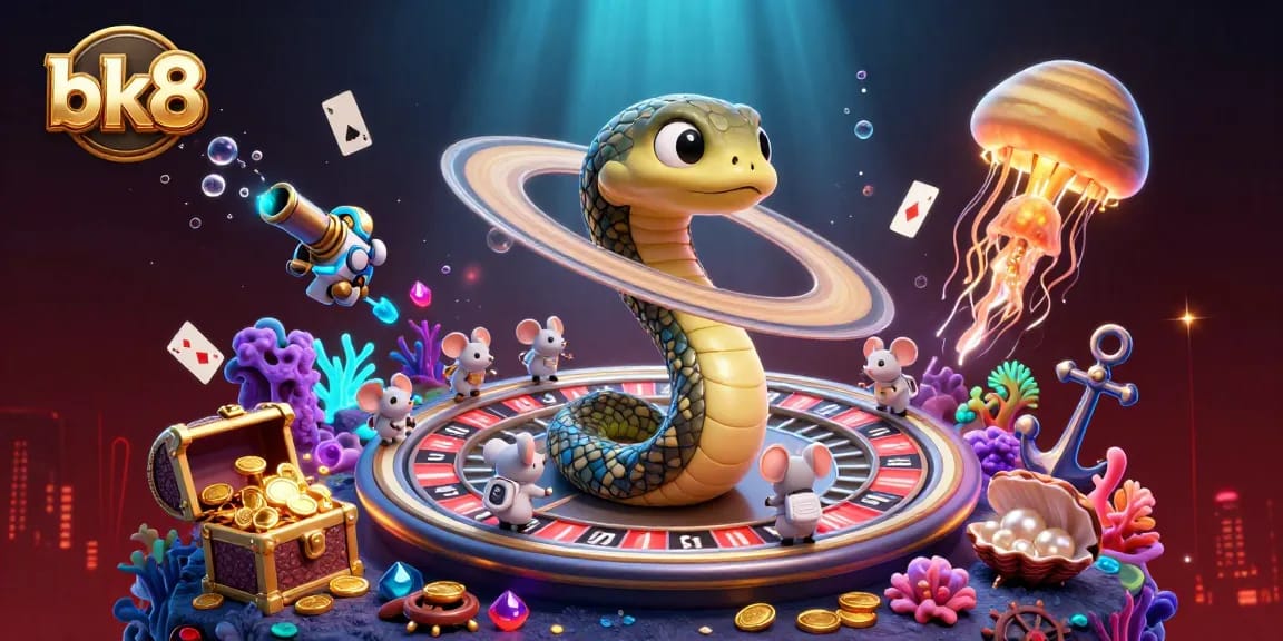 Bet on bk8 while enjoying vibrant 3D casino imagery featuring roulette and playful astronaut mice.