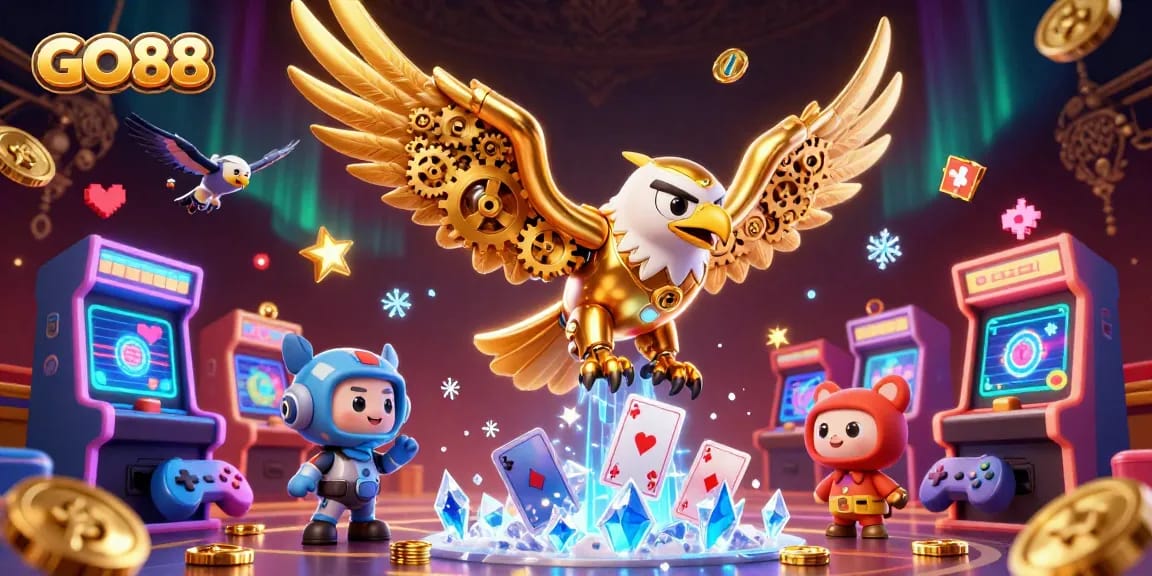 Experience the thrill of GO88 with a dynamic 3D illustration of a cybernetic eagle diving through casino-themed elements.