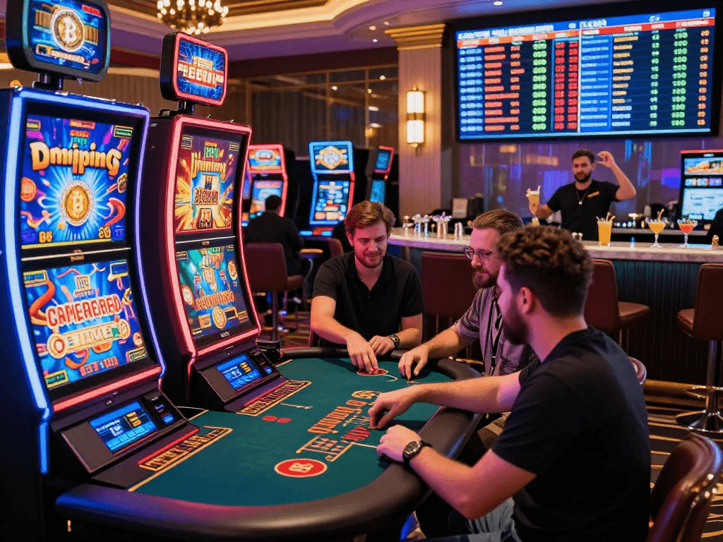 Engaging crypto casino scene with players at digital slot machines and glowing neon lights