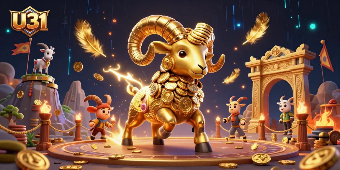 Experience the thrill of U31 with a golden ram charging at a casino gate filled with dynamic gaming elements.