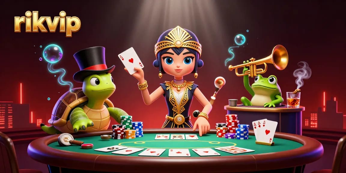 Experience thrilling poker games at rikvip with engaging characters in a vibrant casino scene.