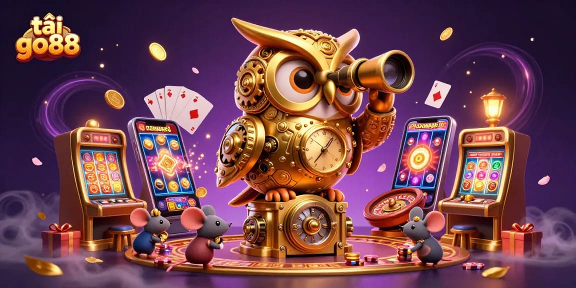 Engage in the thrilling world of tải go88 with a captivating 3D cartoon scene featuring a golden owl and vibrant casino elements.