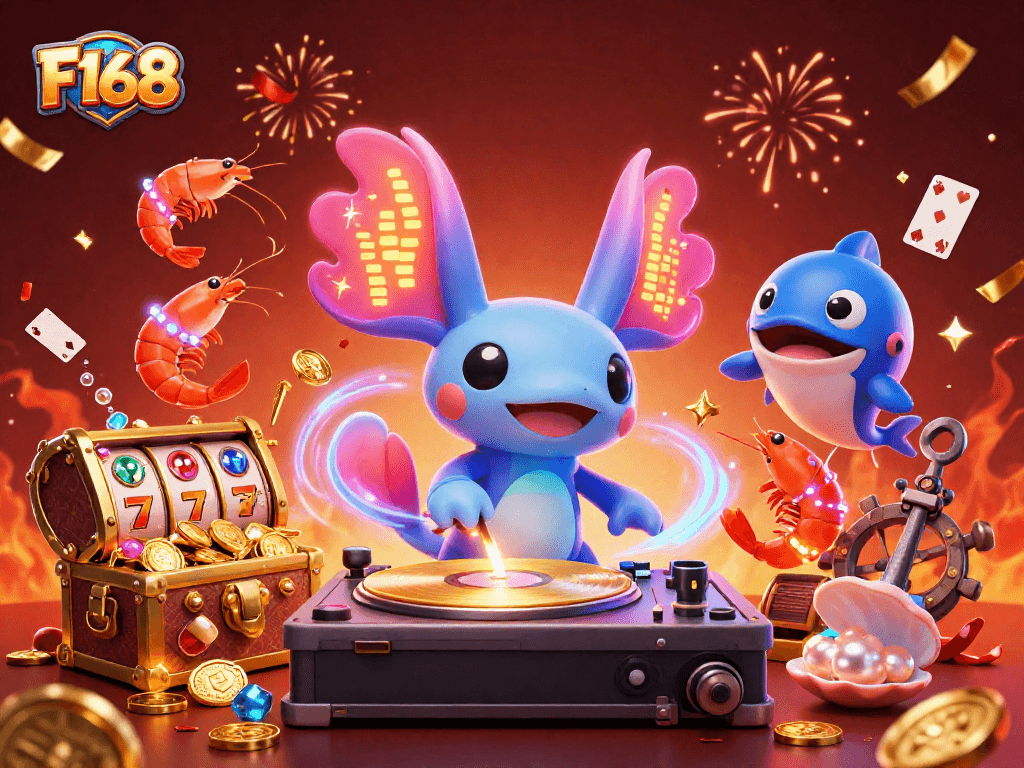 Experience the thrill of winning at F168 with vibrant casino elements and joyful underwater characters.