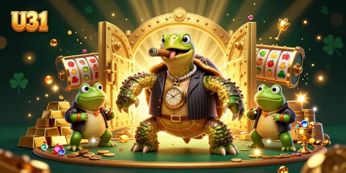 U31 offers vibrant casino experience with characters celebrating jackpots, surrounded by gems