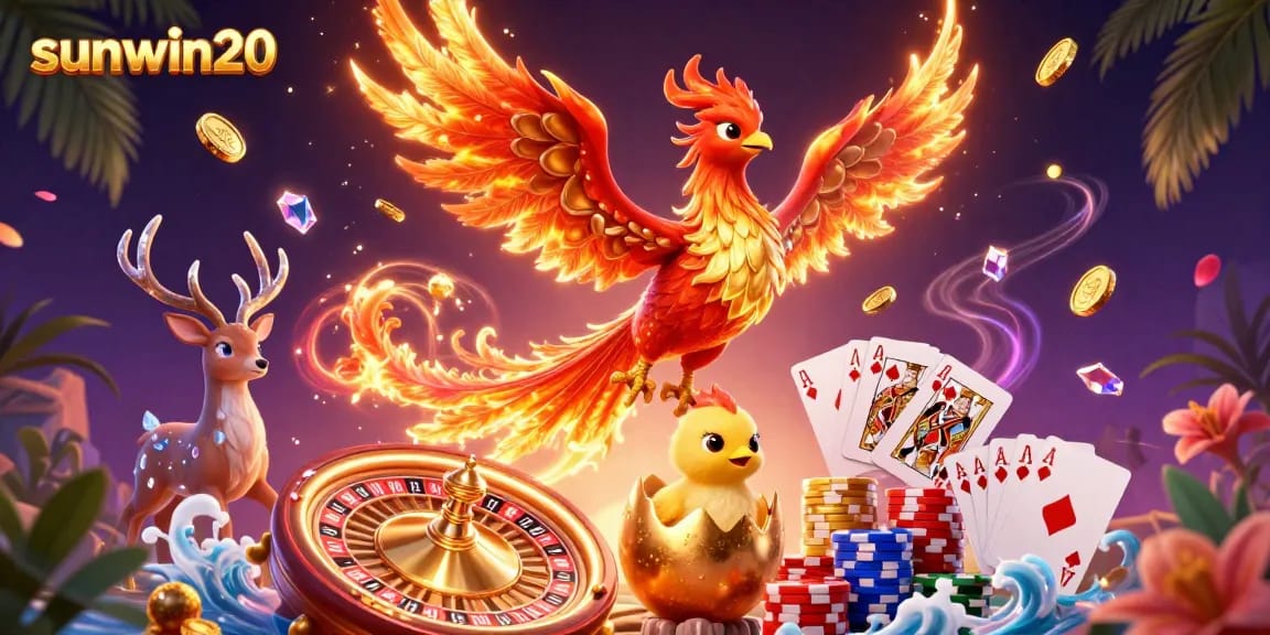 Experience the excitement of sunwin20 with the phoenix and stag in a vibrant casino scene.