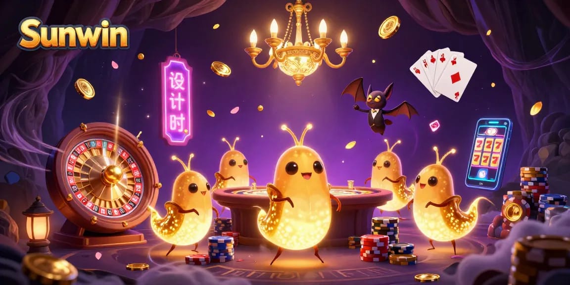 Experience sunwin's vibrant cave casino with glowworms and a bat dealer amidst gold coins and roulette action.