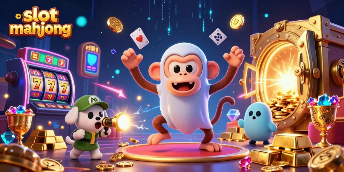 Engaging scene showcasing slot mahjong action with a cartoon monkey and ghost-hunter puppy in a vibrant casino.