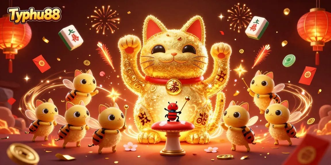 Experience excitement at Typhu88 with a dynamic scene of a waving lucky cat and vibrant casino elements.