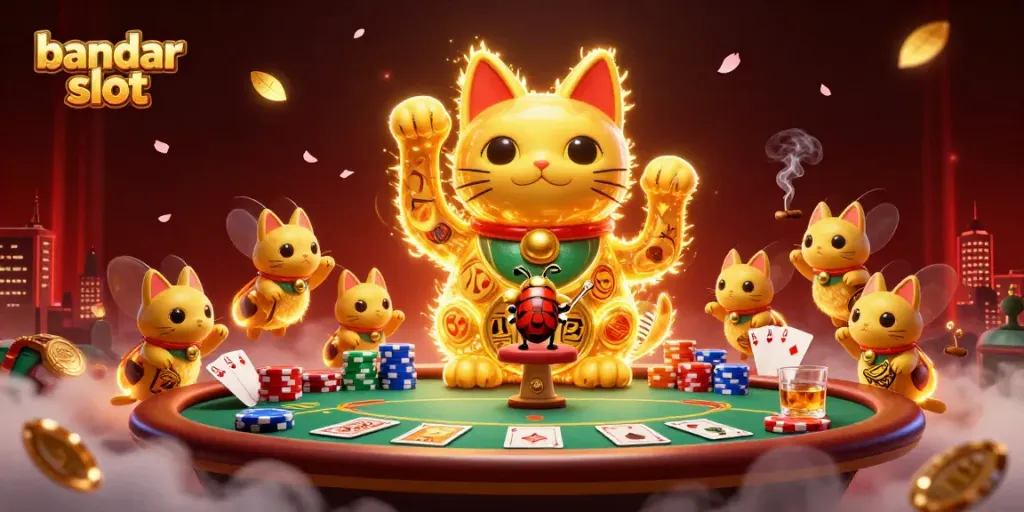 Experience the excitement of bandar slot with a dynamic illustration of a lucky cat and vibrant casino elements.