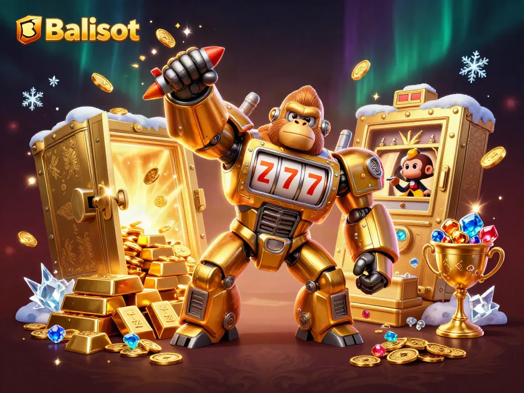 Balislot showcases a golden gorilla mech bursting coins, surrounded by treasures and dynamic visuals.
