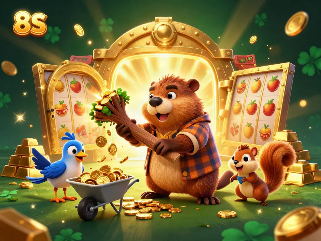 Collect slots rewards with 8S as a beaver chops a coin tree while enjoying rich casino elements.