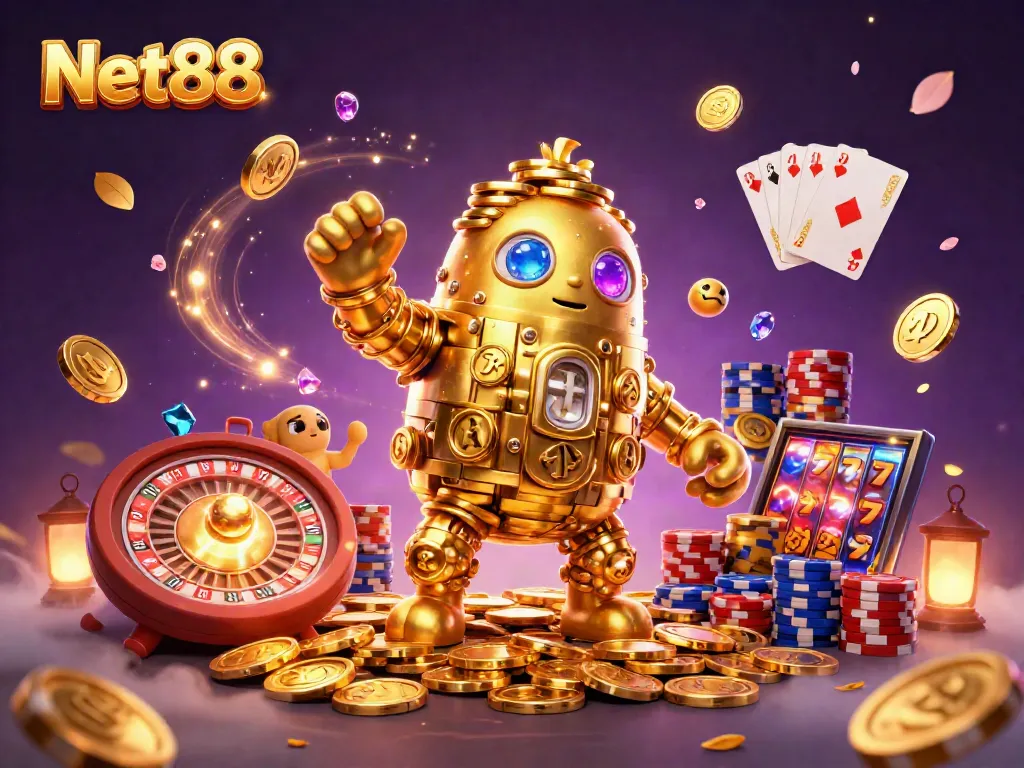 Engage with Net88's thrilling casino experience featuring a golden golem and vibrant game elements.