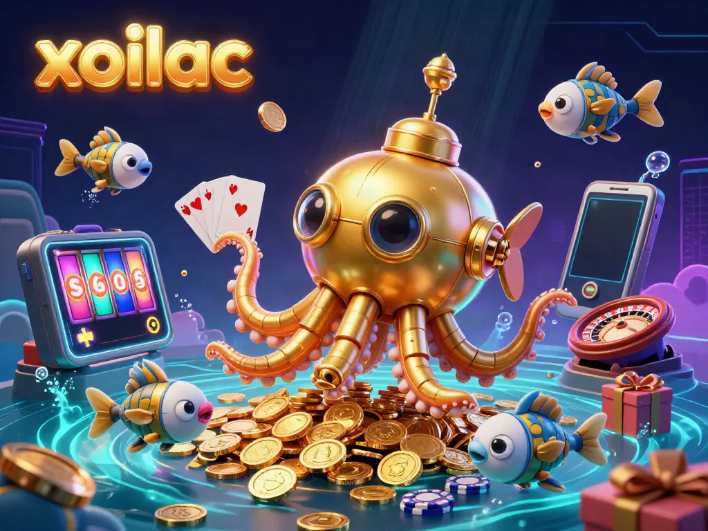 Watch xoilac's golden kraken submarine amidst floating coins and vibrant slot games.