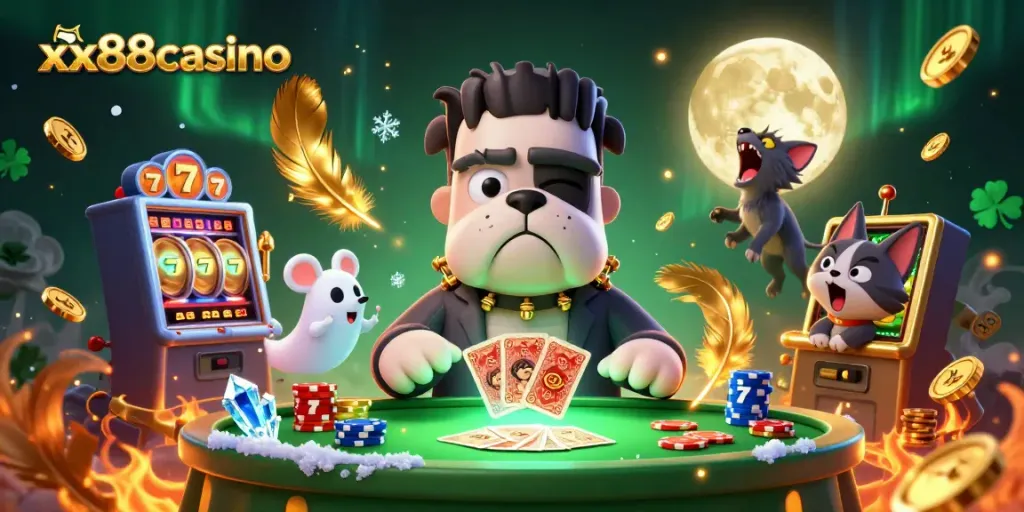 Experience thrilling gameplay at xx88casino with a cartoon monster dealer at an exciting card table.