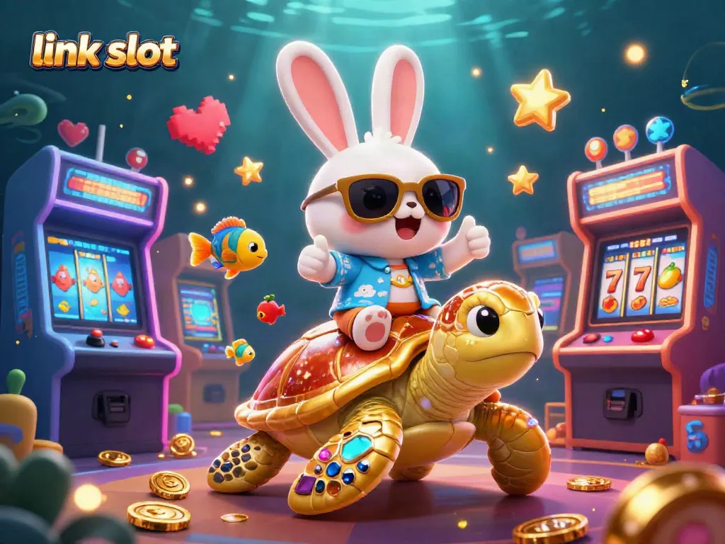 Experience the thrill of link slot with a lucky rabbit and golden sea turtle in a vibrant casino scene.