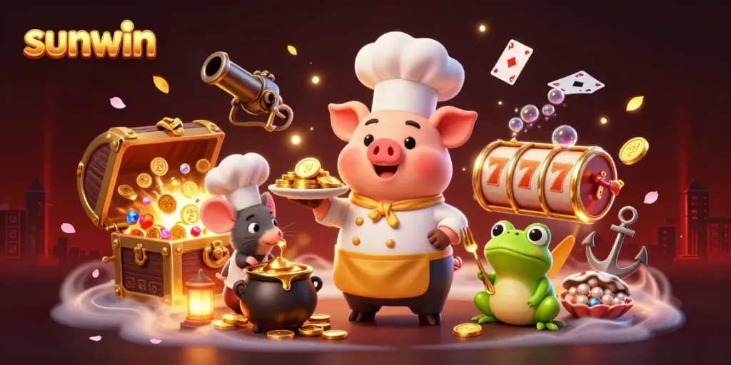 Experience the thrill of sunwin gaming with characters serving gold coins amidst slot reels and poker cards.