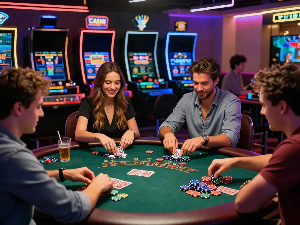 Diverse group enjoying games at a casino not on GamStop with vibrant surroundings.