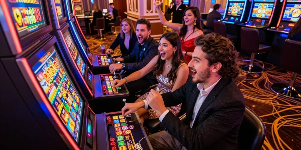 Exciting moment at the rokok88 slot machine with friends celebrating a win in a vibrant casino.