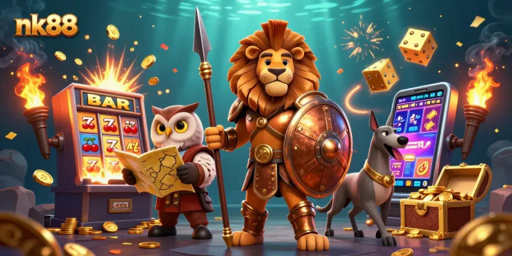 Win big with nk88's action-packed casino adventure featuring a mighty Spartan lion and vibrant slot machines.
