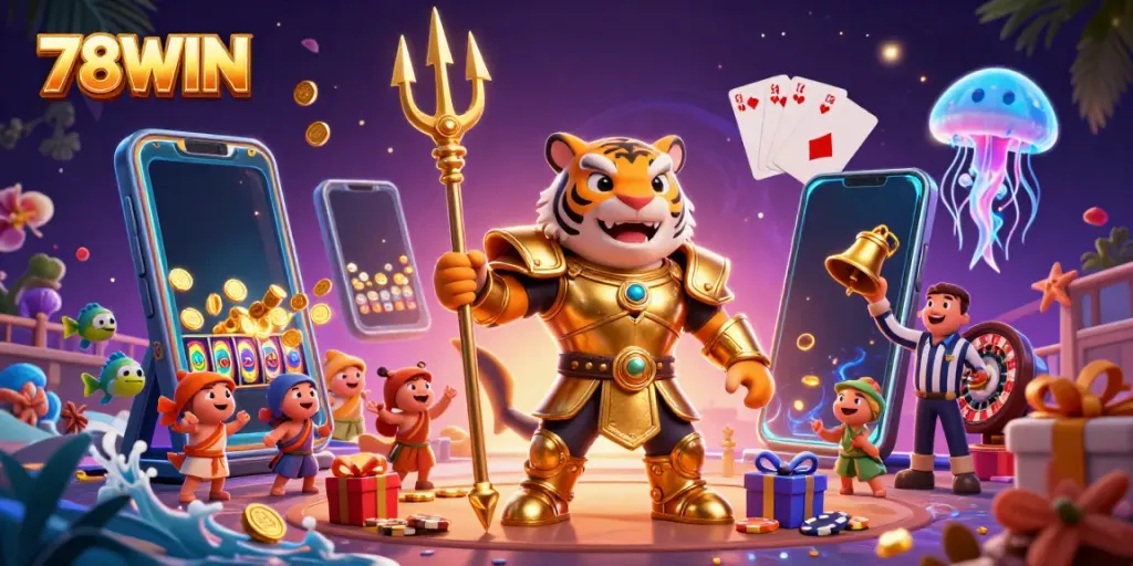 Experience thrilling gameplay at 78WIN as the golden gladiator shark rules the underwater casino arena.