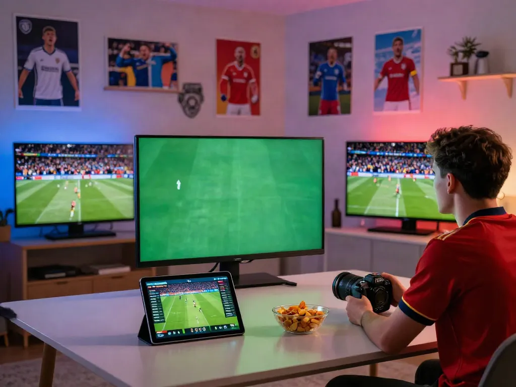 Football fan enjoying live Thapcamtv match at home with statistics and snacks.
