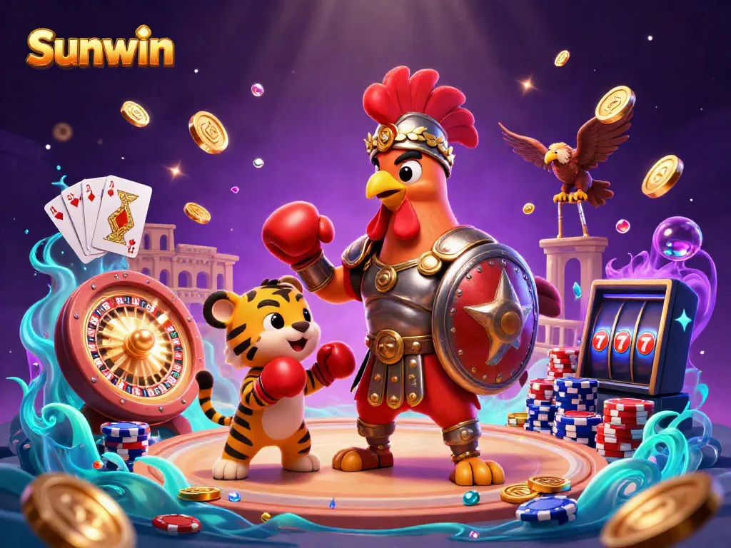 Sunwin casino illustration showcasing a gladiator rooster and sparring cub amidst a dynamic casino scene.