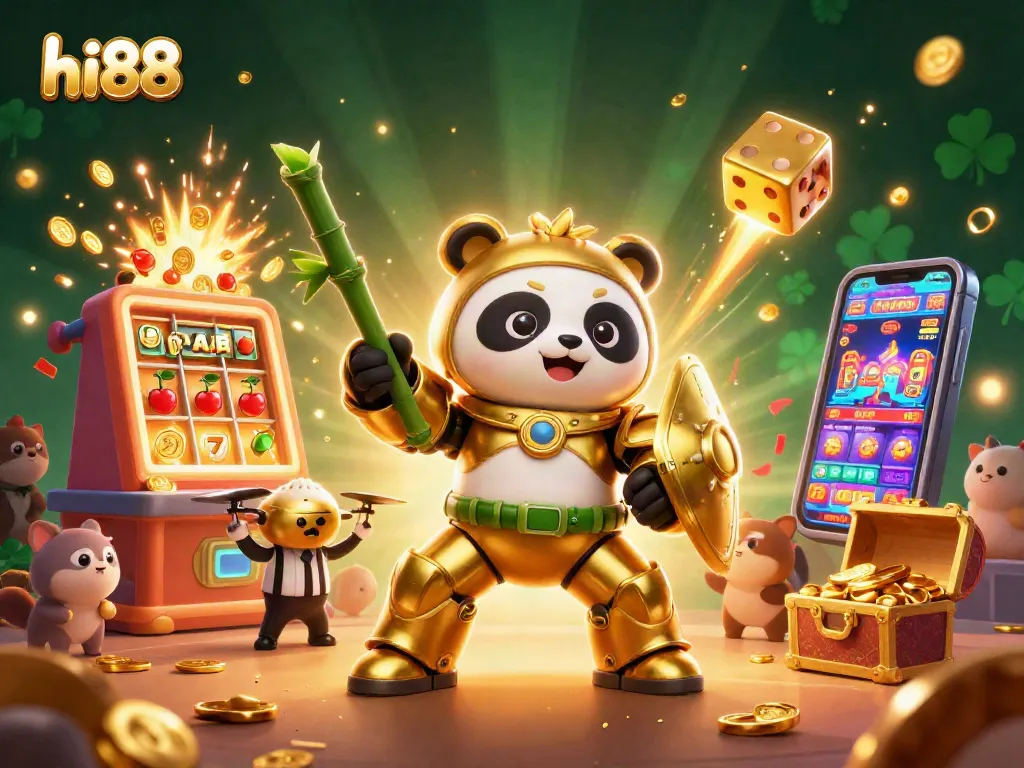 Experience excitement at hi88 with a golden panda piloting a robot amidst a colorful casino scene.