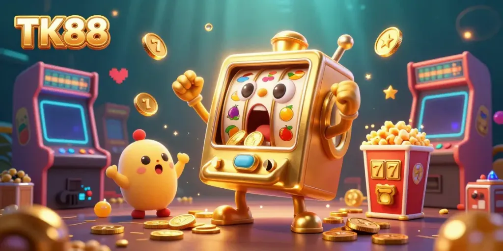 Engage winning excitement at TK88 with vibrant 3D illustration of a golden slot machine and jubilant characters.