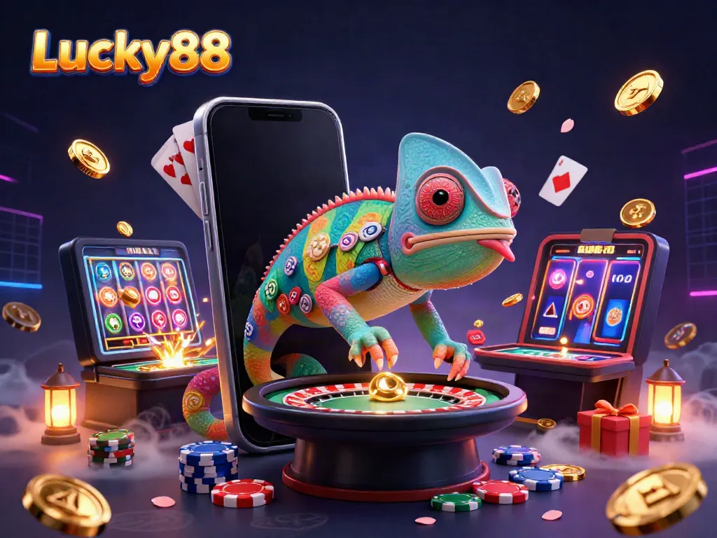 Experience the thrill of Lucky88 with a vibrant 3D chameleon casino owner amidst a lively gaming scene.