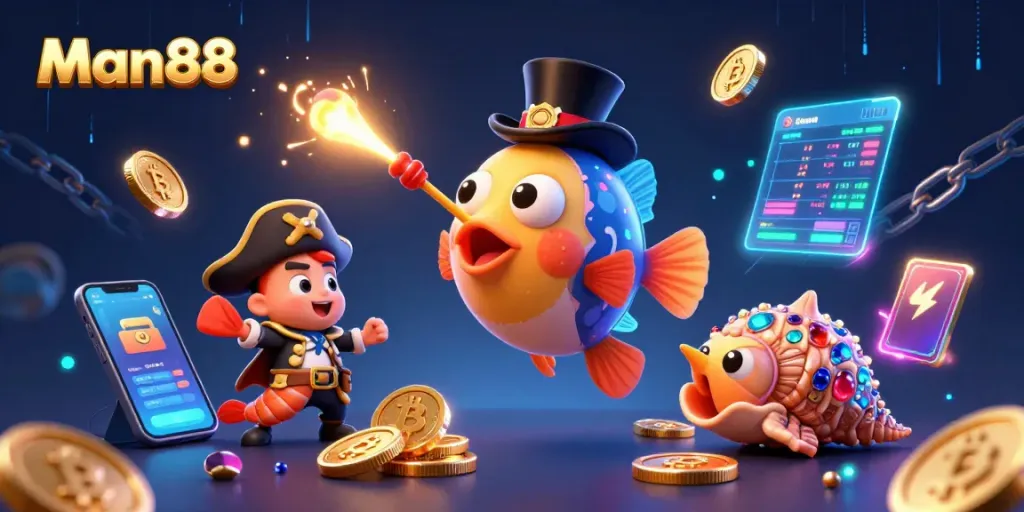 Experience the excitement of Man88, featuring a deep-sea anglerfish attracting coins in a vibrant casino-themed illustration.