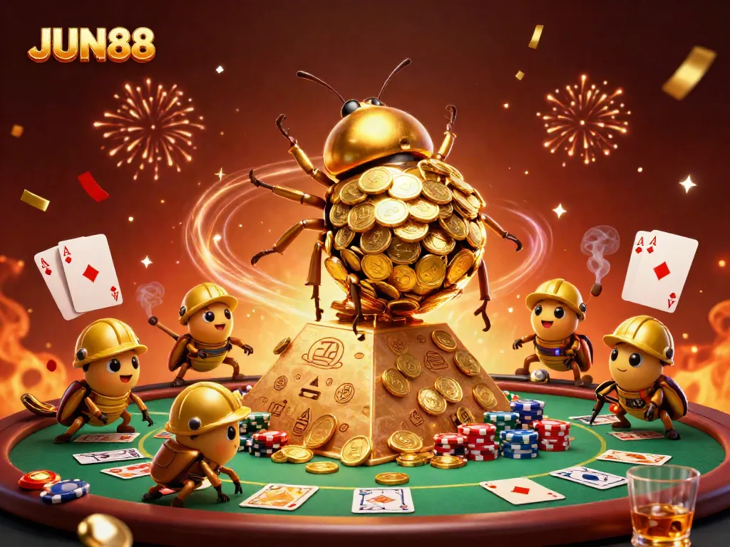 Engage with the dynamic JUN88 casino scene, featuring golden treasures and exciting poker elements.