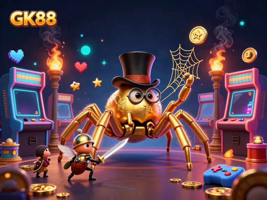 GK88 casino illustration featuring a golden tarantula and beetle knight amidst gaming elements and casino decor.