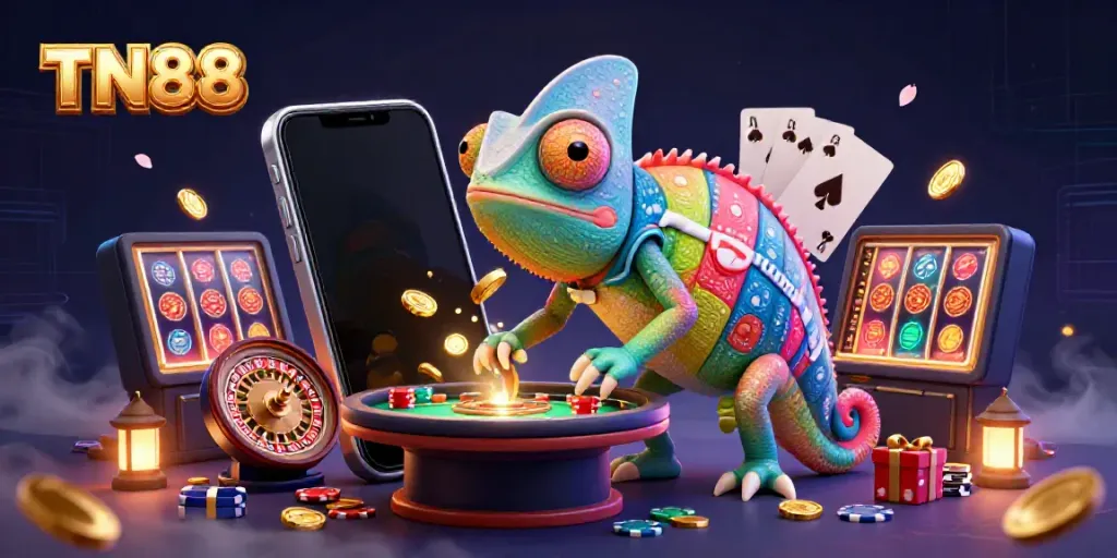 Experience TN88's vibrant casino scene with a dynamic chameleon owner and exciting game elements.