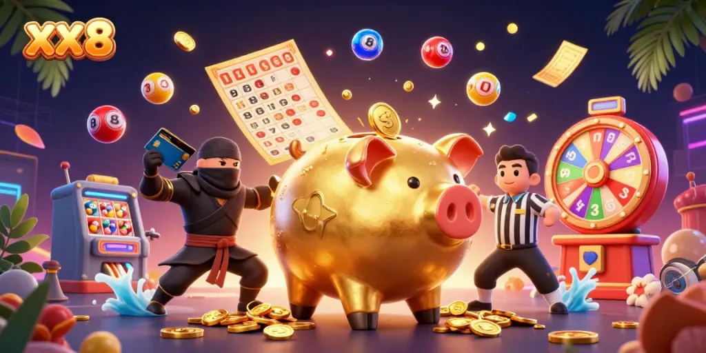 Join the excitement of XX 8 as a sumo wrestler shakes coins and game elements in a vibrant online casino.