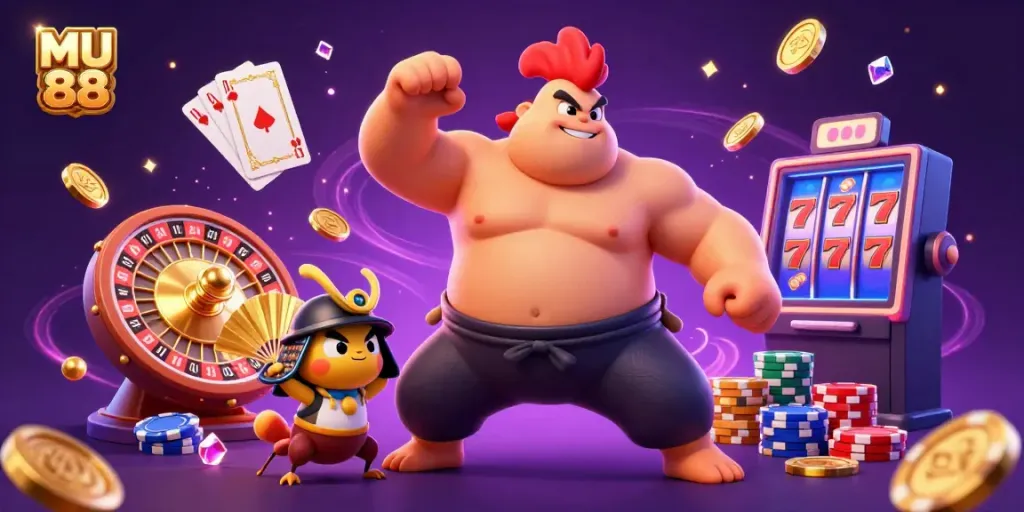 Experience MU 88 with a vibrant scene of a sumo wrestler rooster and a samurai cricket in a casino filled with gold coins and games.