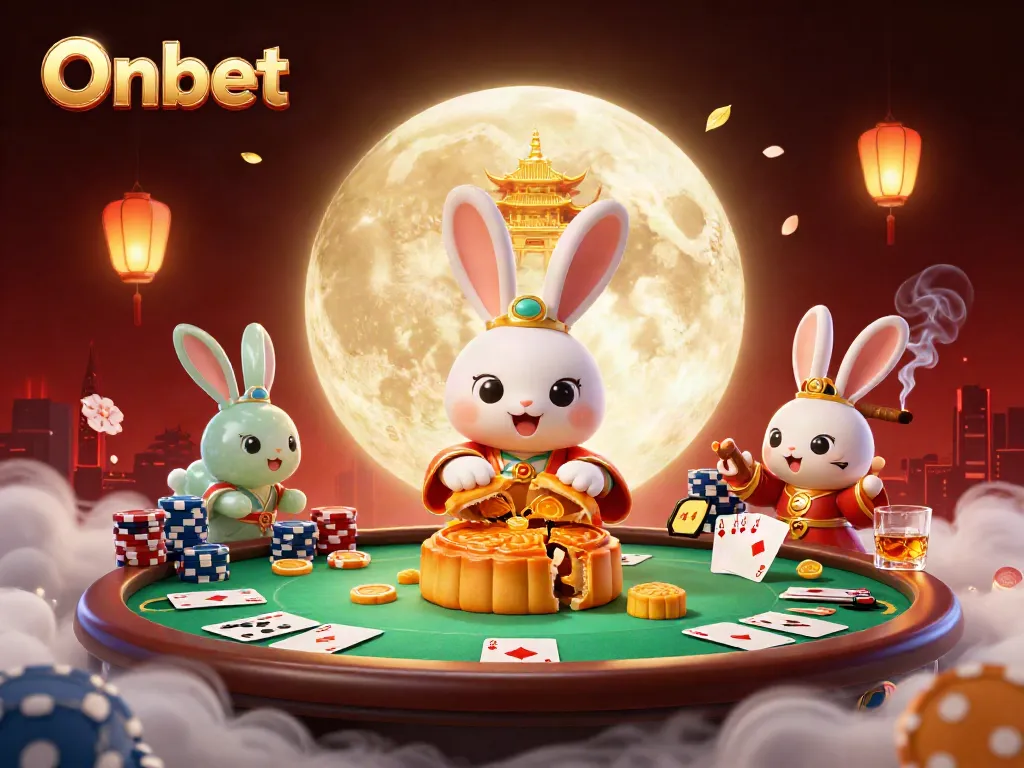 Engage in thrilling poker action with Onbet's vibrant moon rabbit casino scene.