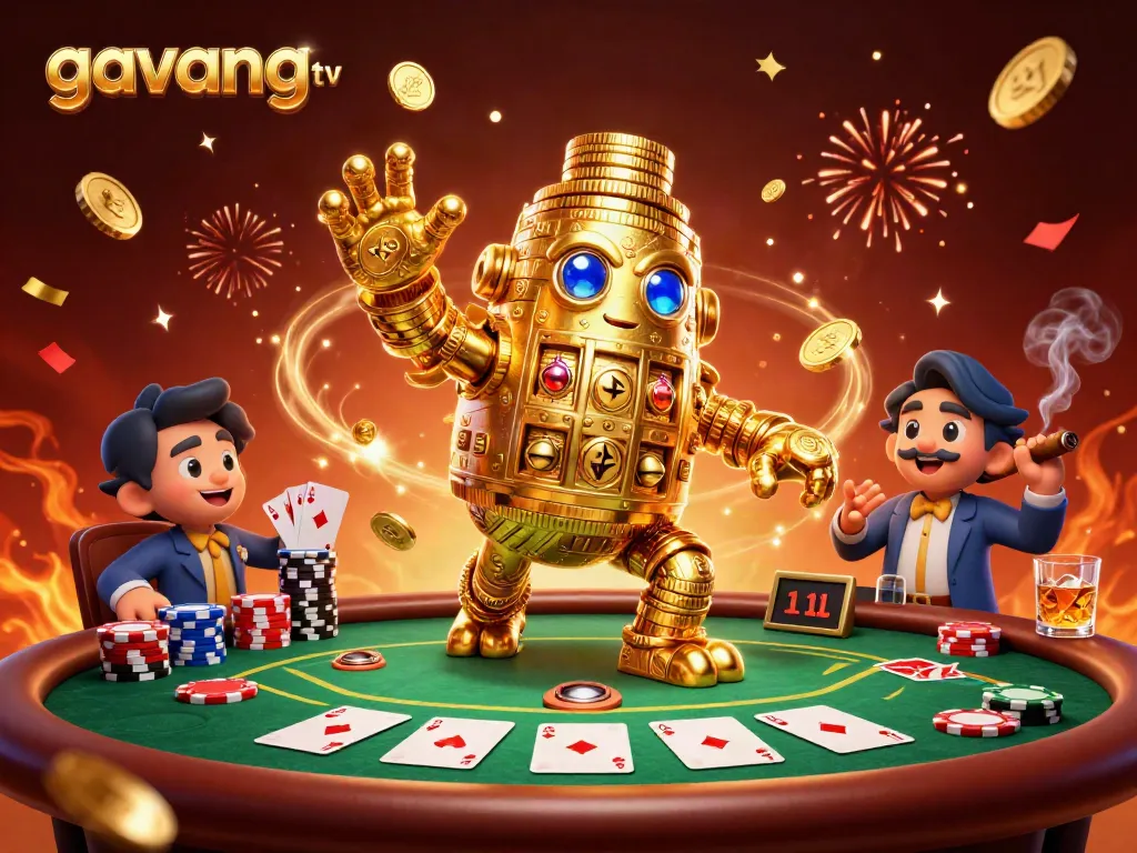 Join the fun on gavangtv with a golden golem surrounded by poker elements and celebratory confetti.