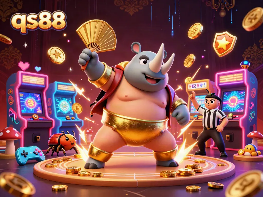Experience thrilling gameplay with qs88 as a cartoon rhinoceros beetle sumo champion dominates the casino scene.