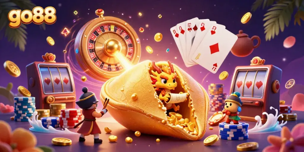 Experience exciting gaming at go88 with vibrant characters, golden coins, and dynamic casino elements.