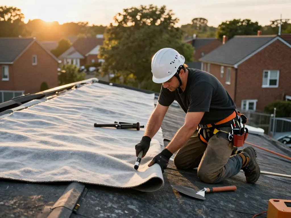 Roofer installing felt roof materials on a residential building, showcasing roofing techniques.